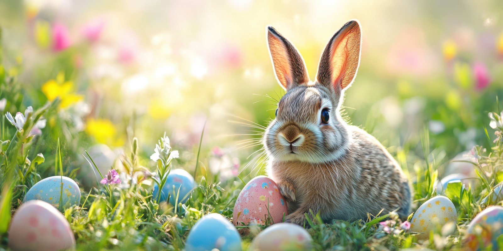Cute rabbit sitting among colorful Easter eggs in a sunny flower-filled meadow during springtime
